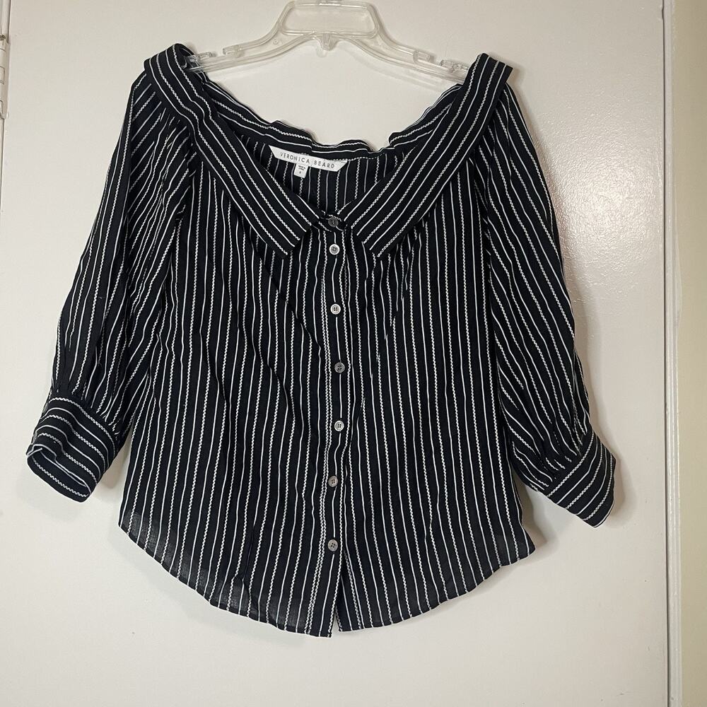 Veronica Beard Britta Top black off shoulder button front linen blend size US 8 - Picture 2 of 6
